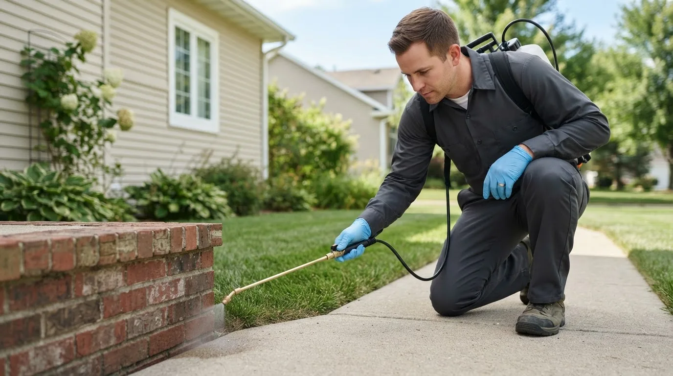 Pest control technician treating a home near Oakley, UT